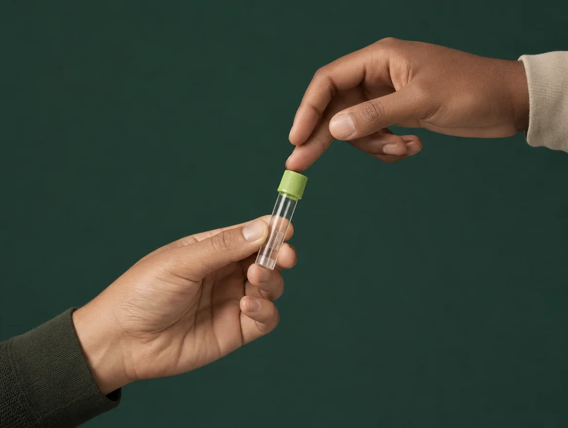 Hands holding a sample tube for a finger-prick test